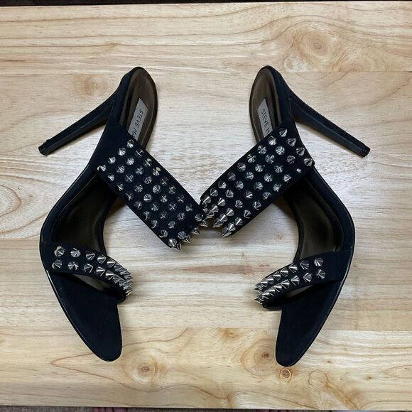 Steve Madden Radar Heels Sandals Black Silver Toned Studded Bands 4.5” Heels 8.5 - Picture 14 of 16